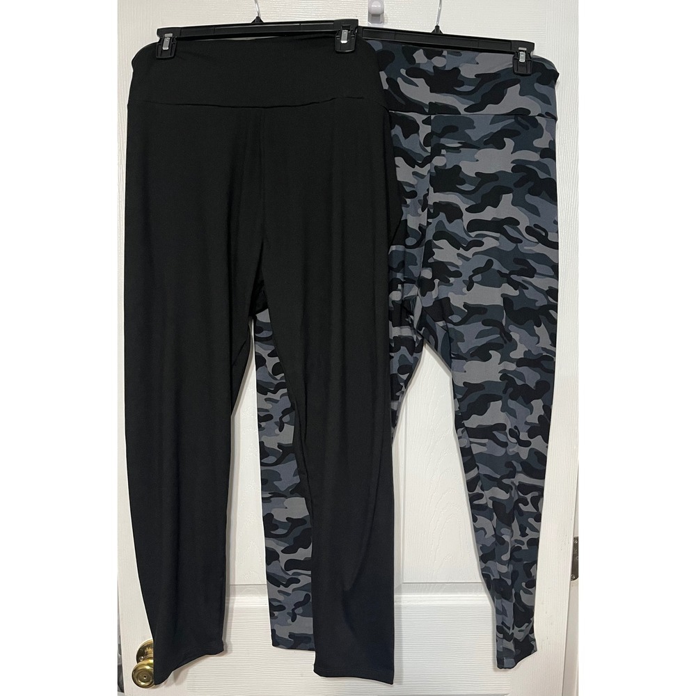 Feathers women's 4X Lot of 2 Leggings Gray Camouflage Black High Waist Stretch